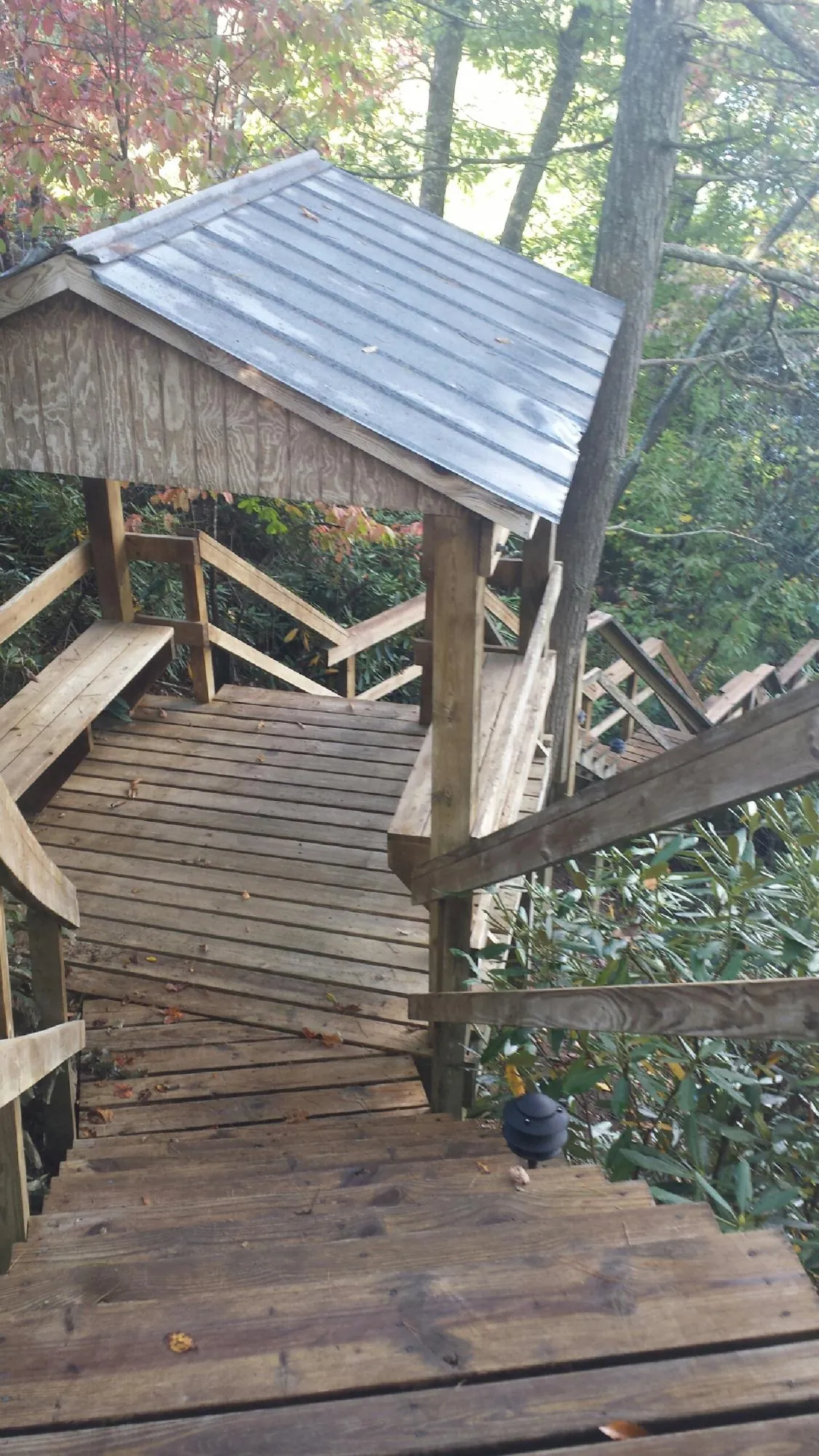 Metal roofed shelter over wooden steps on a wooded walkway — Skylight Repair & Installation work by our crew in Larned